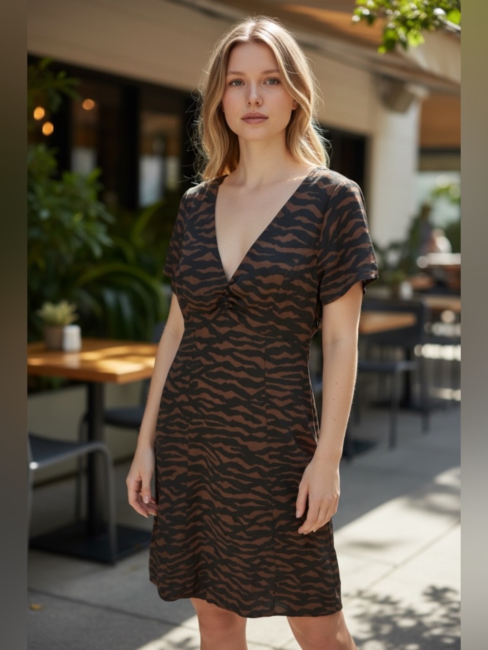 Madewell Brown and Black Tiger-Print V-Neck Mini Dress